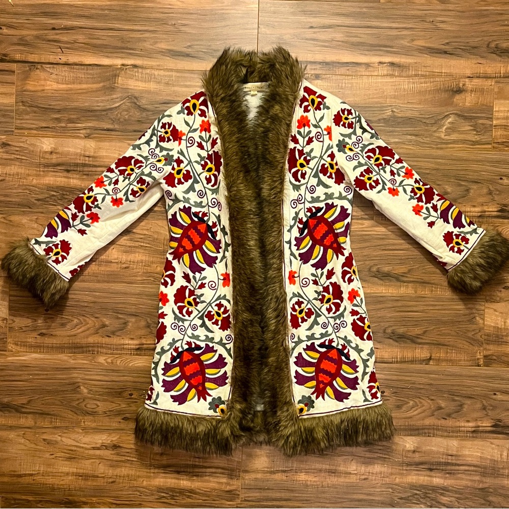 Lovestitch Embroidered Penny Lane Afghan Coat with Faux Fur Trim